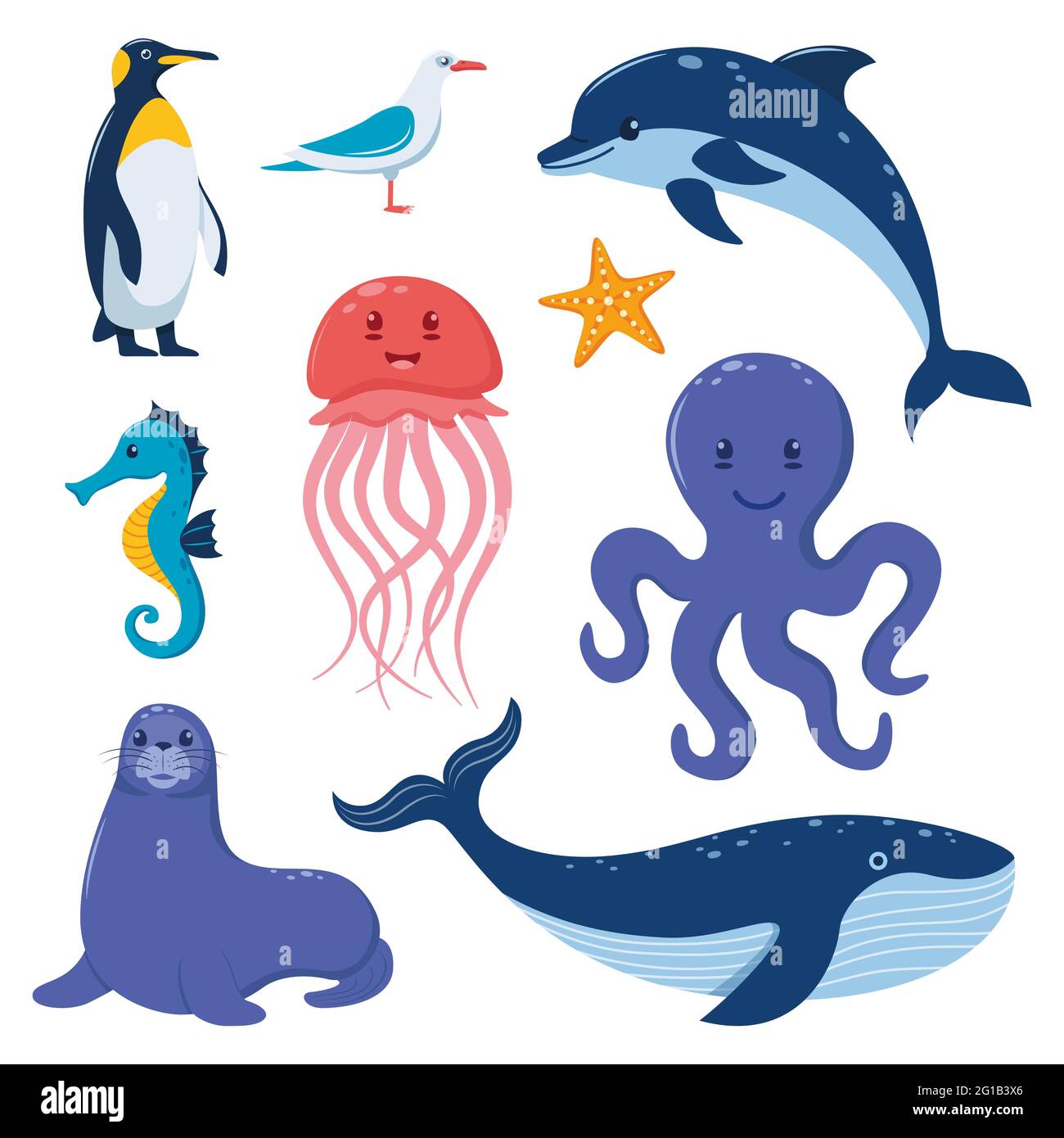 Sea Animals Big Set Cute Flat Style Sea Creature Characters Penguin Whale Seal Seahorse Dolphin Octopus Jellyfish Starfish Gull Vector Illust Stock Vector Image Art Alamy