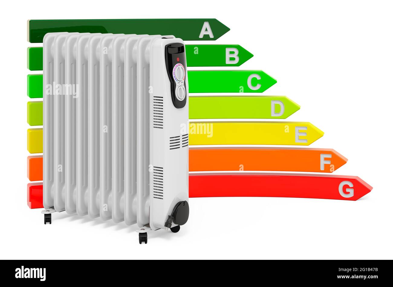 Oil filled radiator with energy efficiency chart, 3D rendering isolated on white background