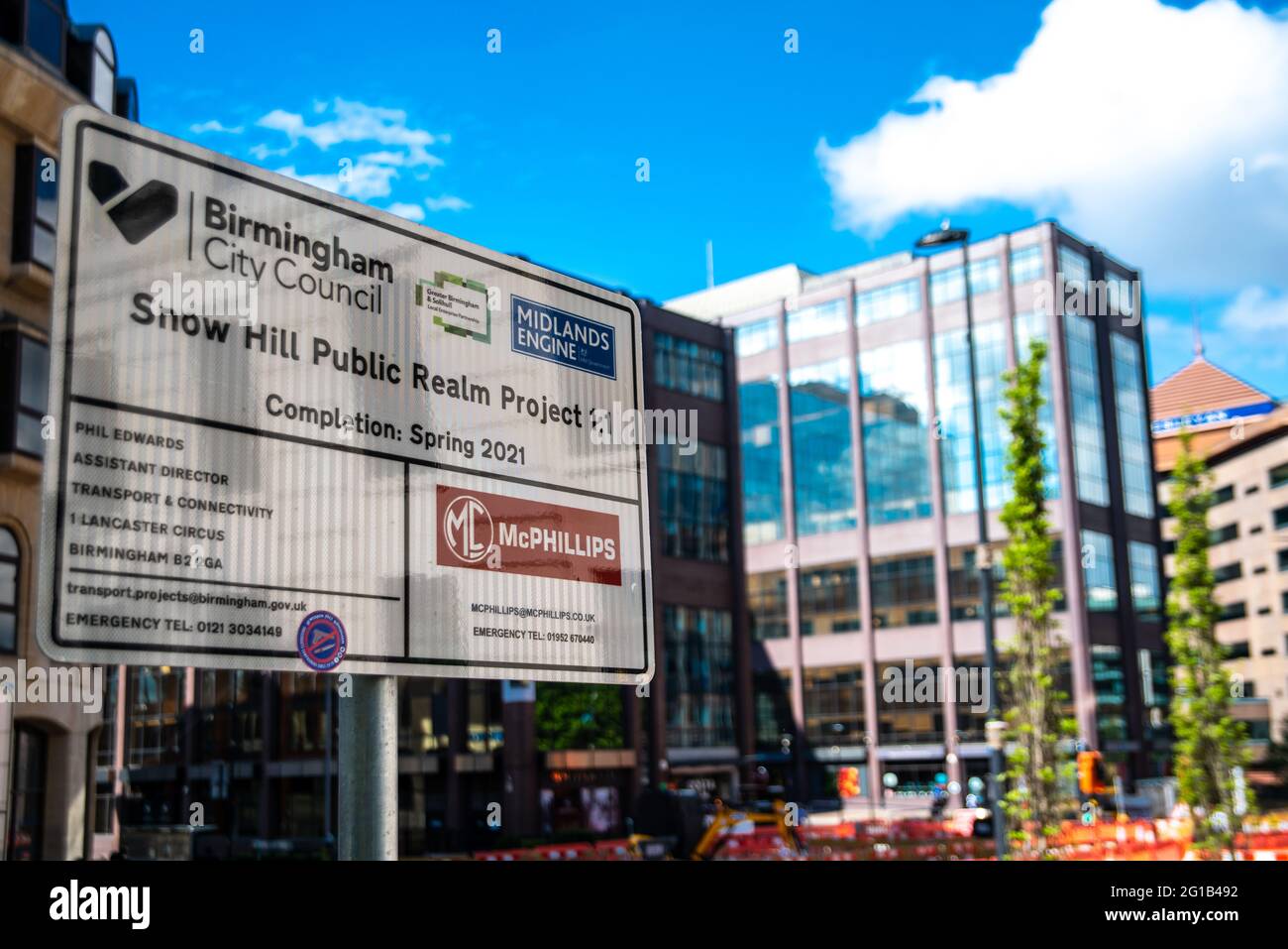 Snow Hill Public Realm Project 1.1 sign on Colmore Row with Snow Hill station in the background Stock Photo