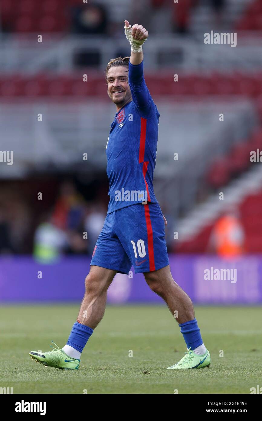 Middlesbrough, UK. 06th June, 2021. Jack Grealish of England thanks the crowd after the International Friendly match between England and Romania at Riverside Stadium on June 6th 2021 in Middlesbrough, England. (Photo by Daniel Chesterton/phcimages.com) Credit: PHC Images/Alamy Live News Stock Photo
