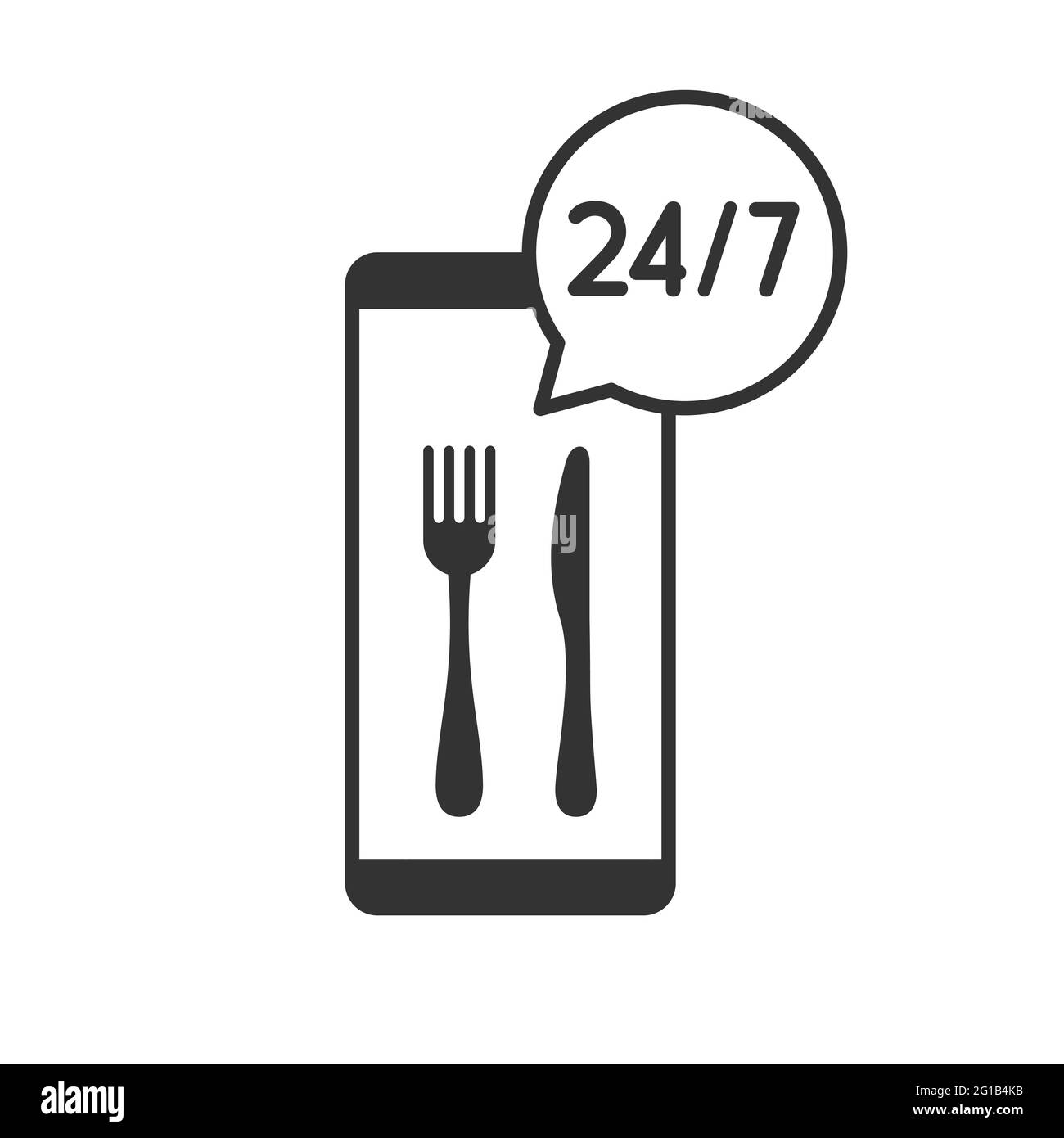 Mobile phone with fork and knife. 24/7 food delivery icon inside speech bubble. Online food ordering application. Non stop delivery idea. Vector Stock Vector