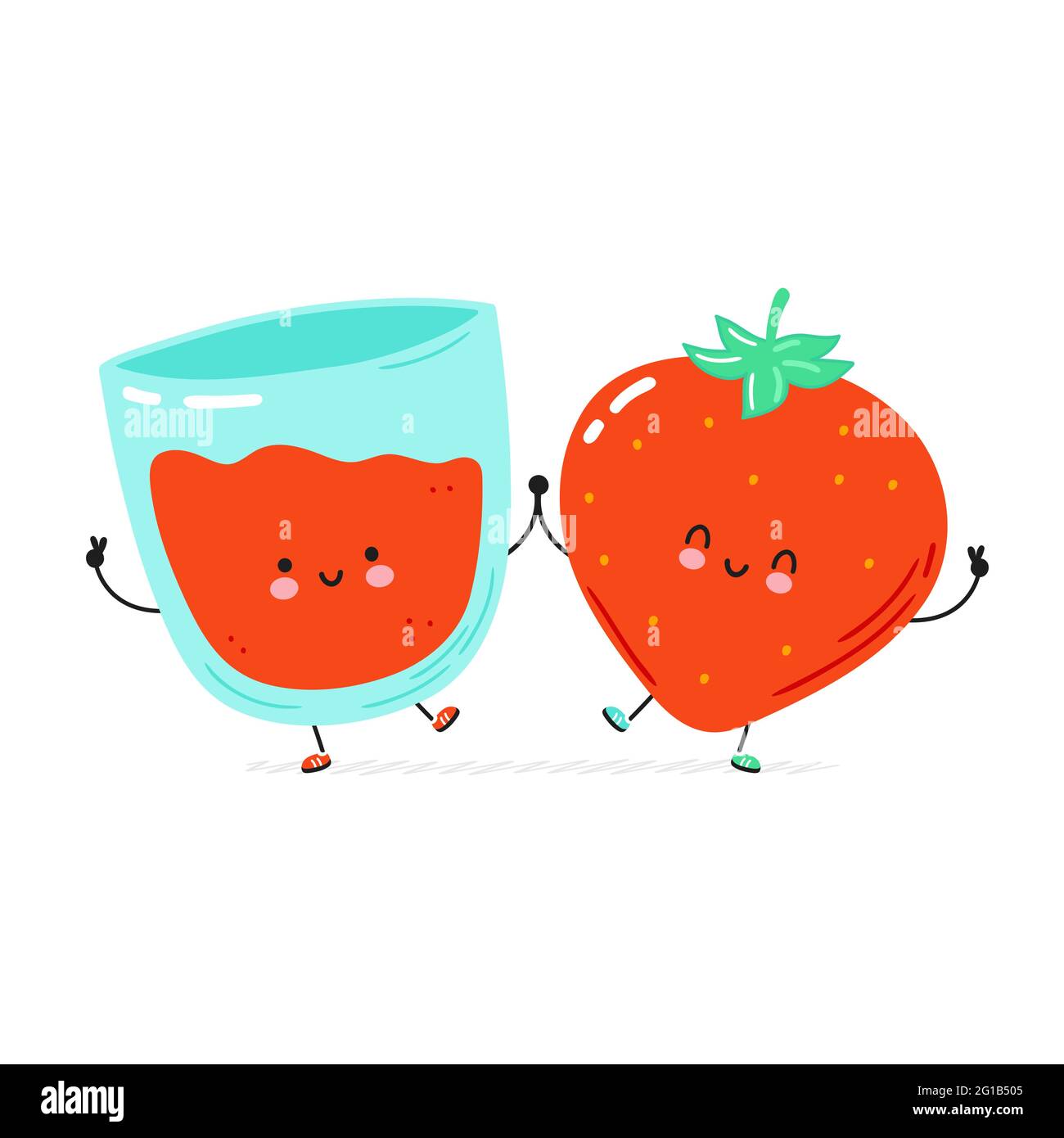 Cute happy strawberry and juice glass. Isolated on white background. Vector cartoon character hand drawn style illustration. Strawberry juice cartoon character concept Stock Vector