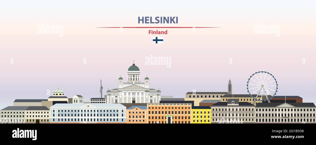 Helsinki cityscape on sunset sky background vector illustration with country and city name and with flag of Finland Stock Vector