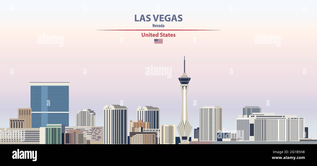 Las Vegas cityscape on sunset sky background vector illustration with country and city name and with flag of United States Stock Vector