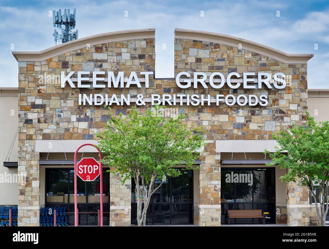Houston, Texas USA 06-03-2021: Keemat Grocers storefront exterior. Local Indian and British foods shop in Houston, TX, established in 1994. Stock Photo