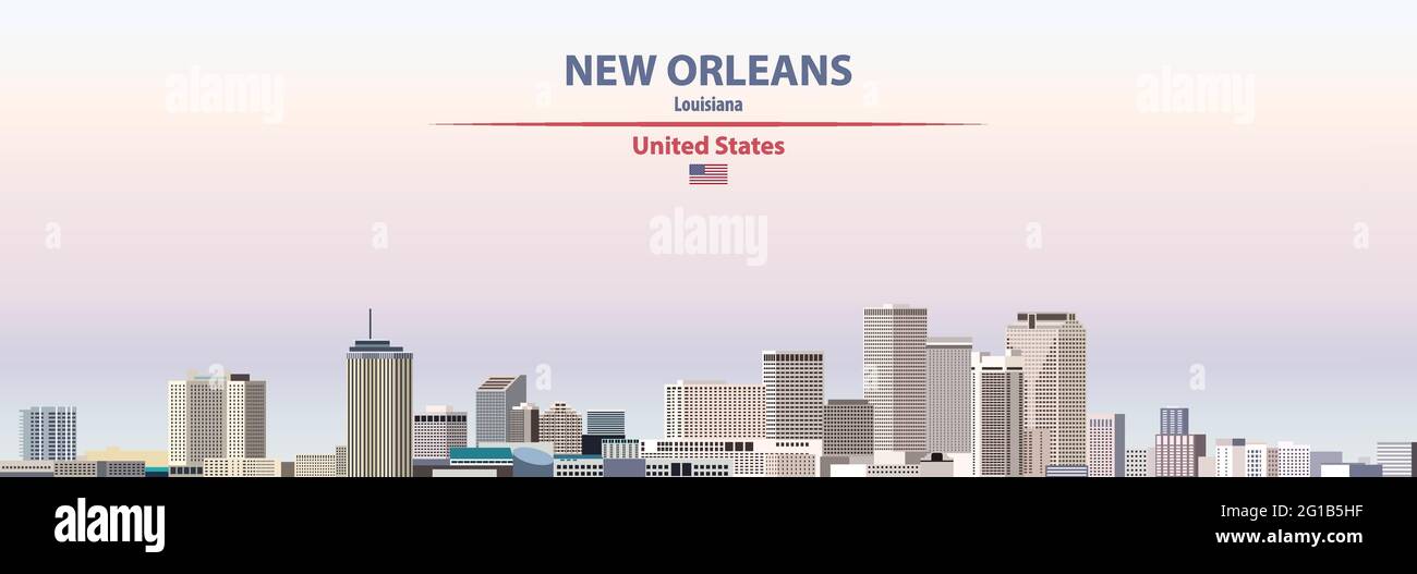 New Orleans cityscape on sunset sky background vector illustration with country and city name and with flag of United States Stock Vector