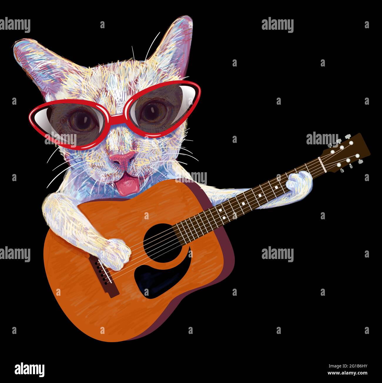 Funny cat wearing eyeglasses playing acoustic guitar, animal musician,  isolated on black background Stock Photo - Alamy