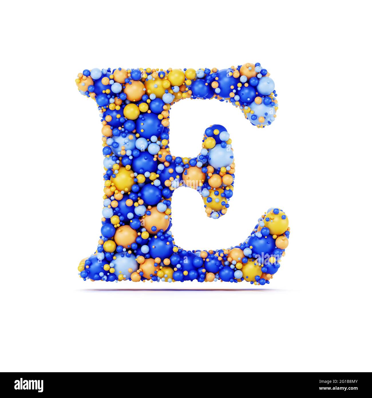 E letter with colored shiny balls. Realistic 3d rendering illustration. Isolated on white background with shadow cast Stock Photo