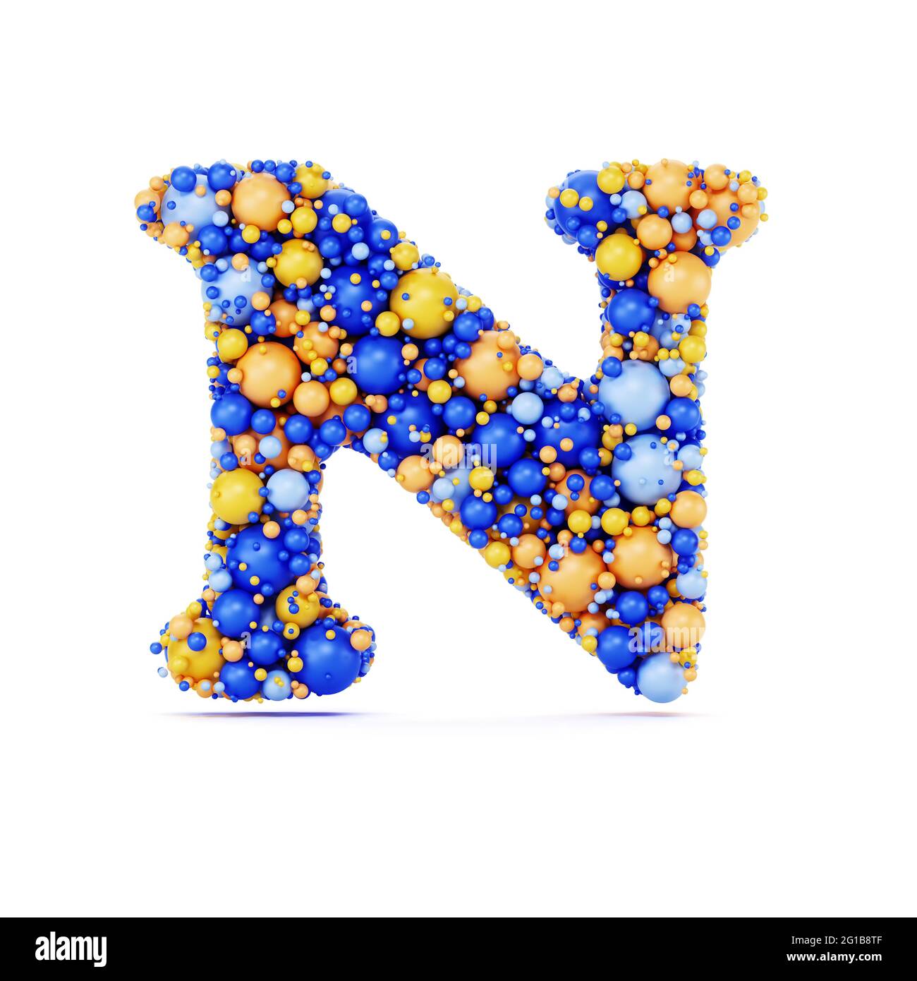 N letter with colored shiny balls. Realistic 3d rendering illustration. Isolated on white background with shadow cast Stock Photo