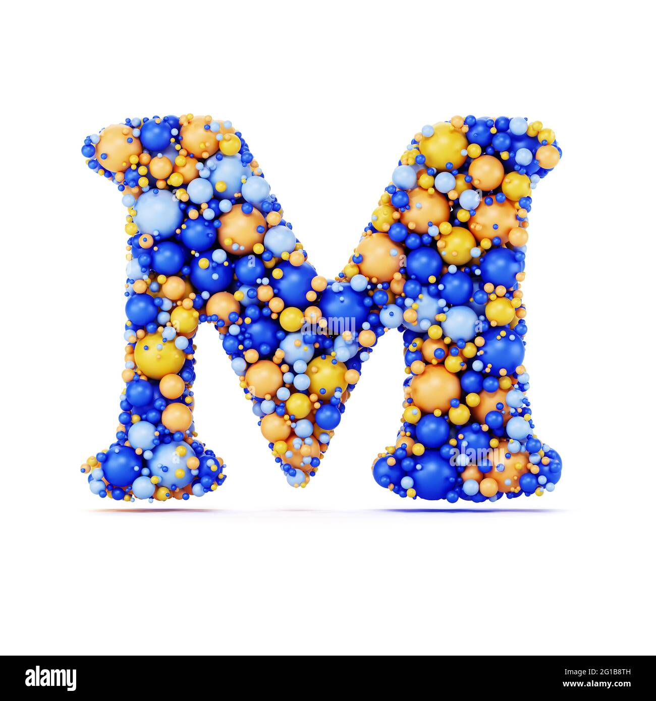 M letter with colored shiny balls. Realistic 3d rendering illustration. Isolated on white background with shadow cast Stock Photo