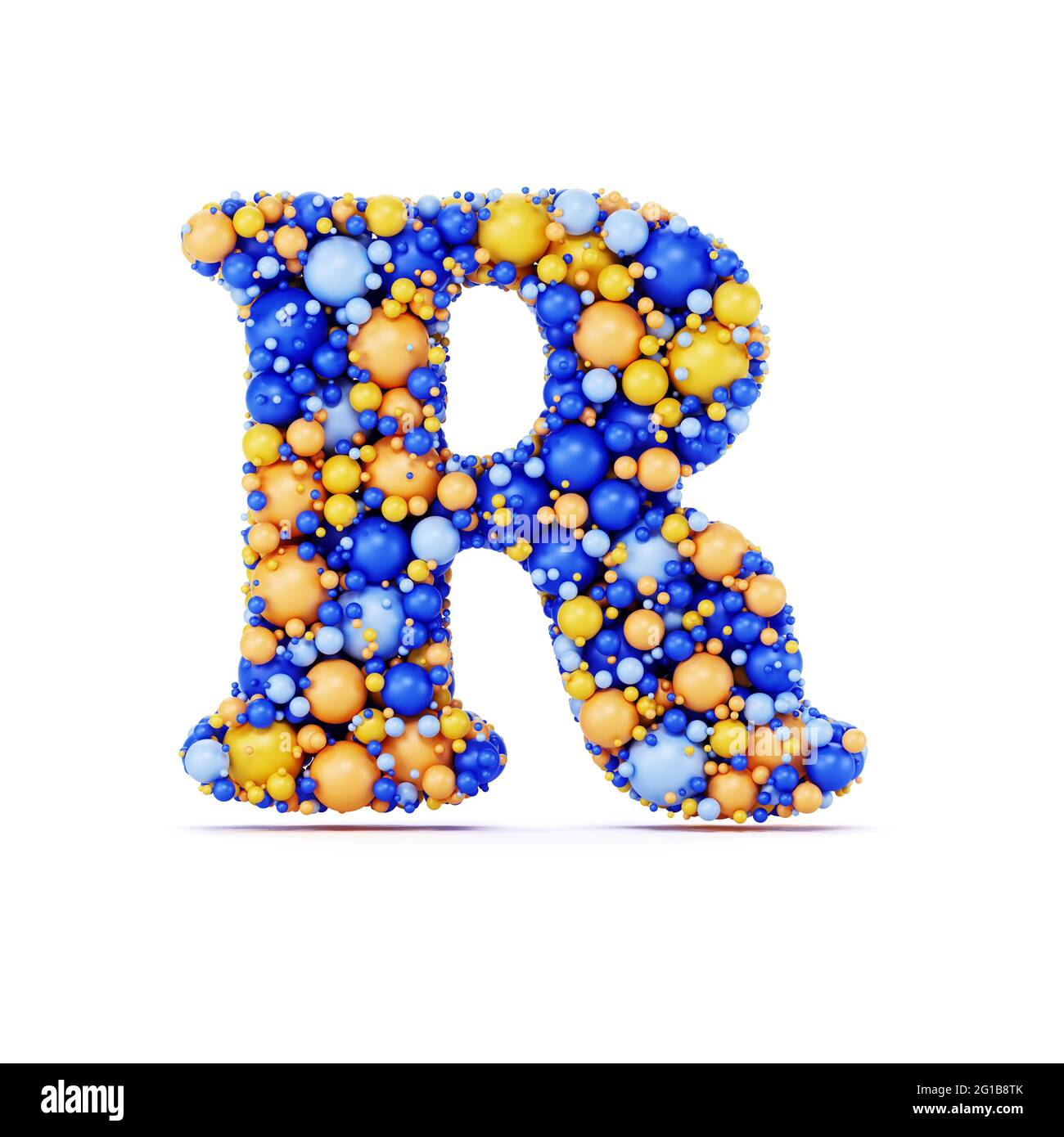 R letter with colored shiny balls. Realistic 3d rendering illustration. Isolated on white background with shadow cast Stock Photo