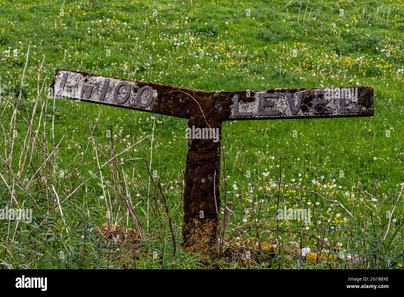 Old Railway Marker and Egg Purchase Honesty Box on the High Peak Trail Peak District Derbyshire .England Stock Photo