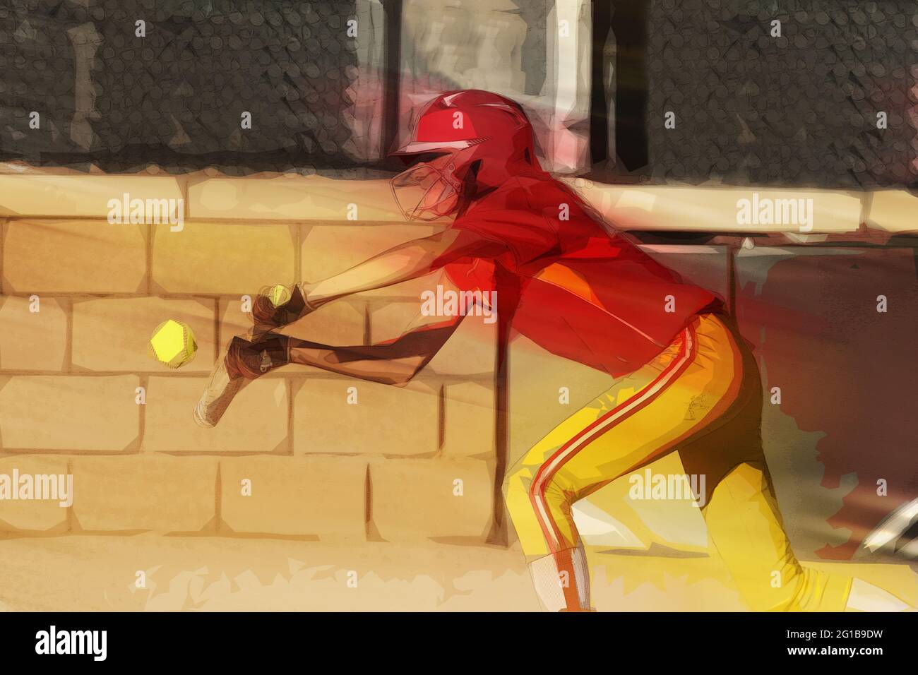 A photo illustration of a female softball player in the batters box. Stock Photo