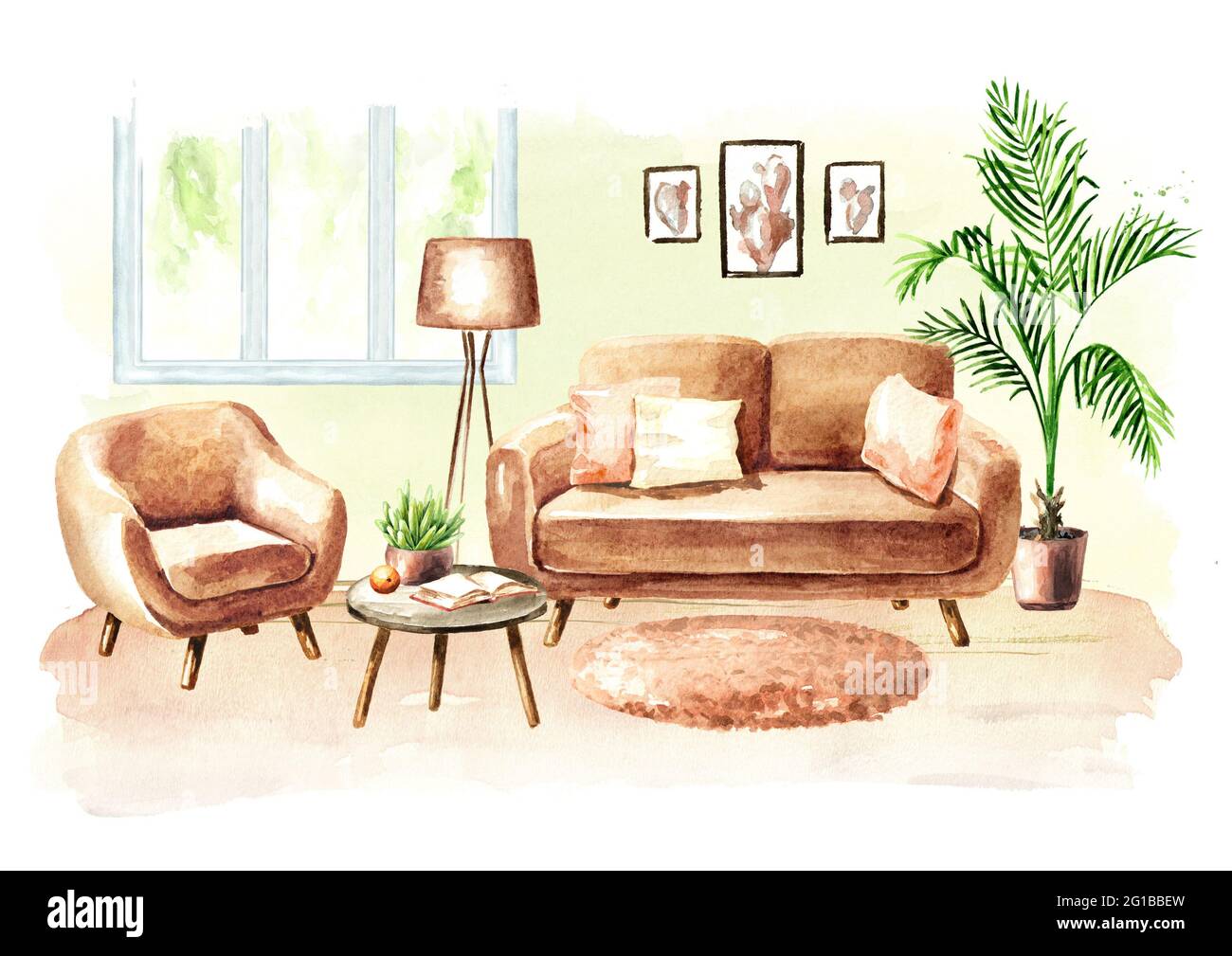 Modern living room with sofa and furniture. Watercolor hand drawn