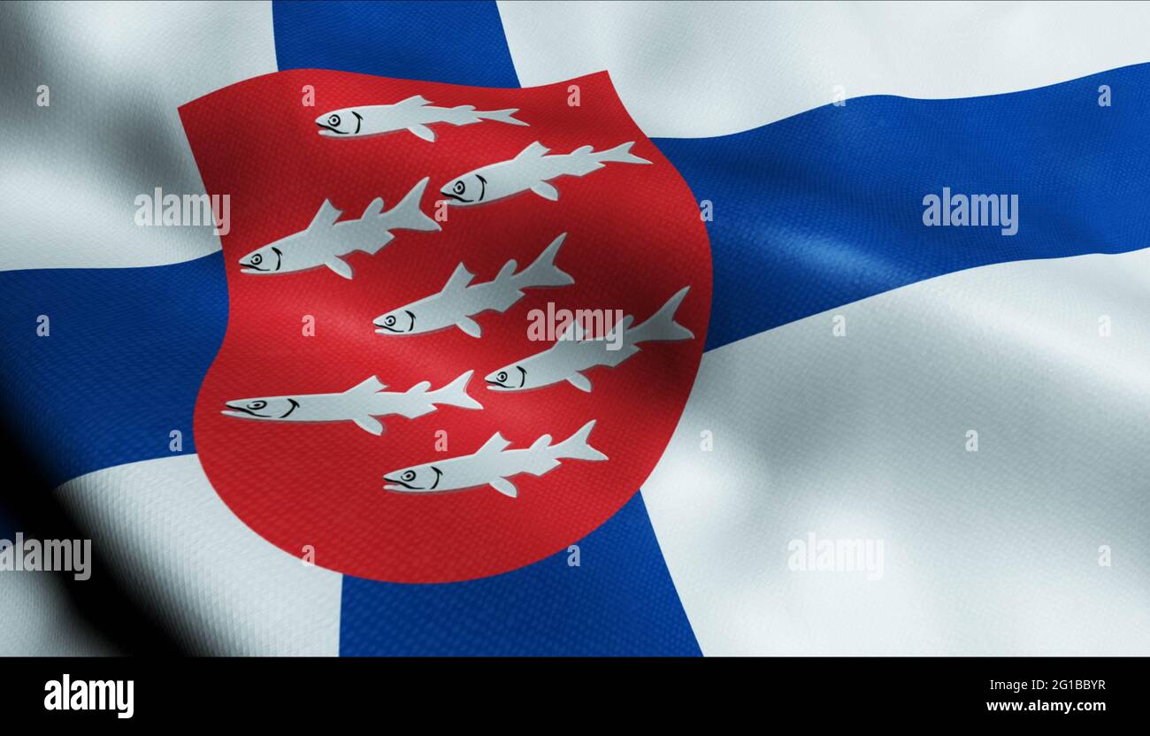 3D Illustration of a waving Finland city flag of Viitasaari Stock Photo