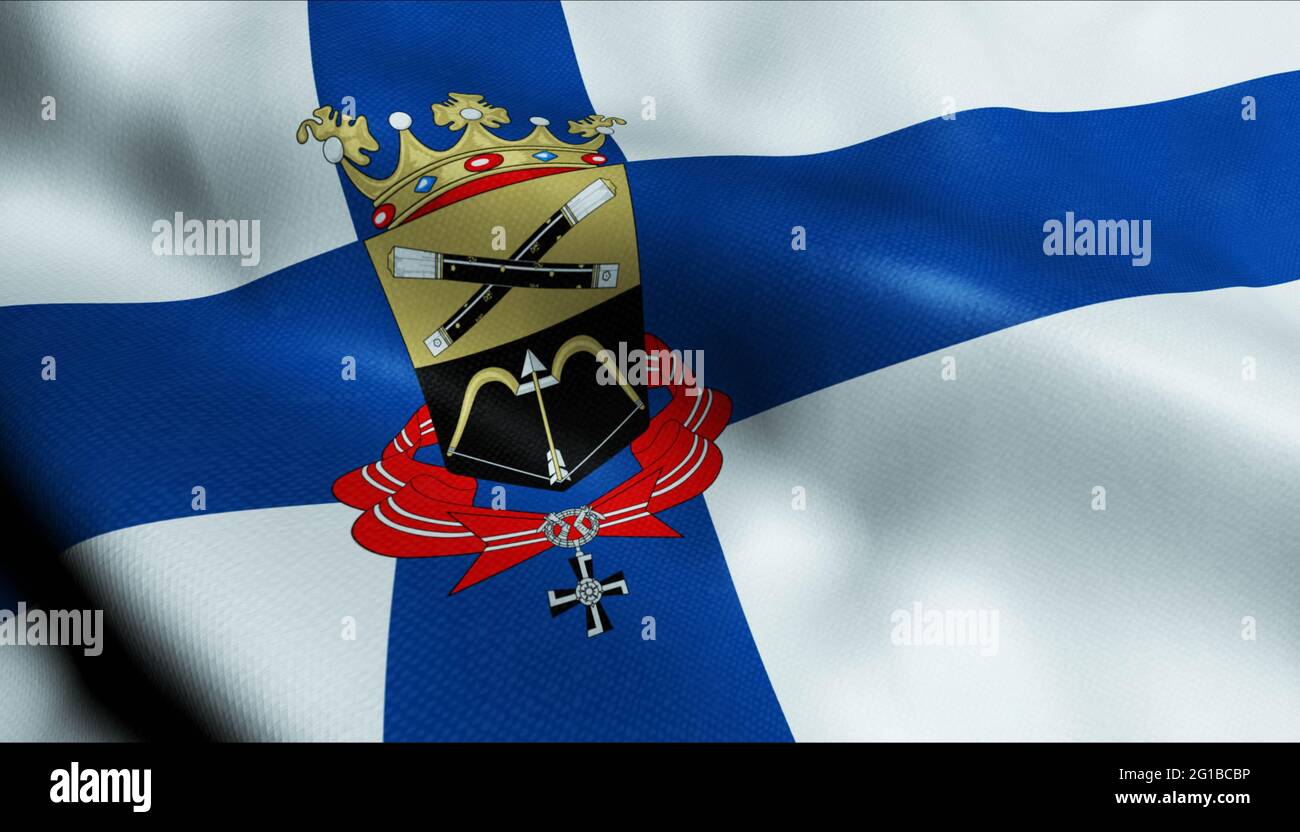3D Illustration of a waving Finland city flag of Mikkeli Stock Photo