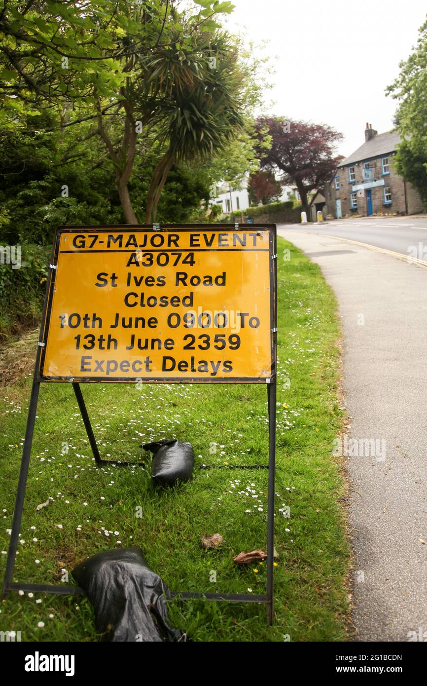 G7 Major Event council sign, road closures preparations for G7 summit on A3074 towards Carbis Bay, St. Ives, Cornwall, UK, June 2021 Stock Photo