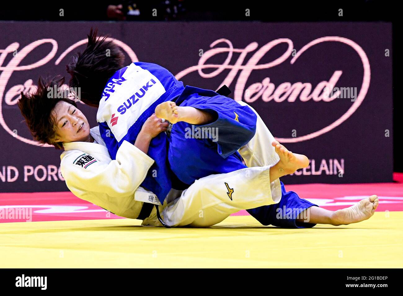 BUDAPEST, HUNGARY - JUNE 6: Natsumi Tsunoda of Japan, Wakan Koga of Japan during the World Judo Championships Hungary 2021 at Papp Laszlo Budapest Sports Arena on June 6, 2021 in Budapest, Hungary (Photo by Yannick Verhoeven/Orange Pictures) Stock Photo