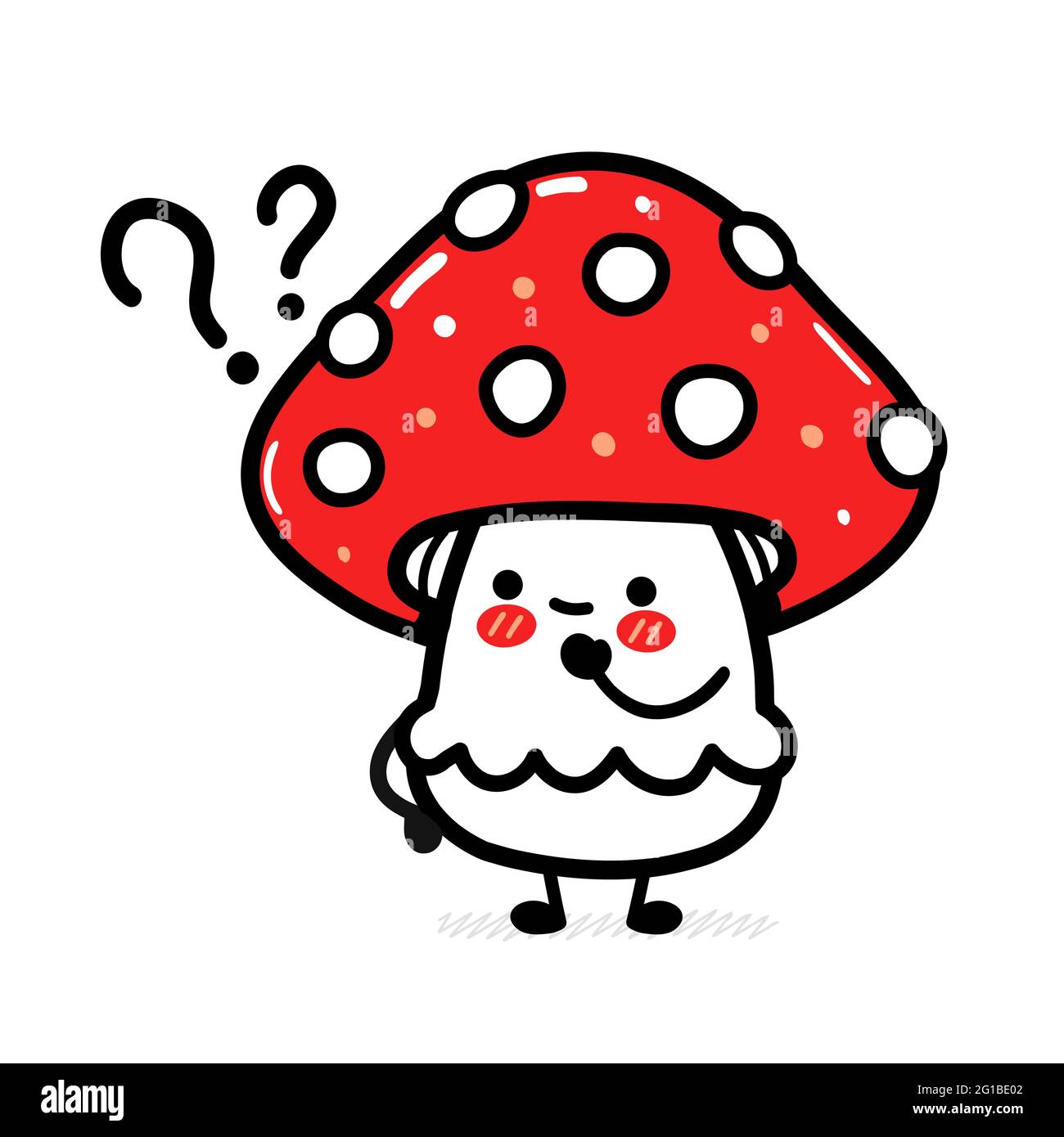 Cute funny amanita mushroom with question marks. Vector hand drawn cartoon kawaii character illustration icon. Isolated on white background. Funny amanita mushroom mascot character concept Stock Vector