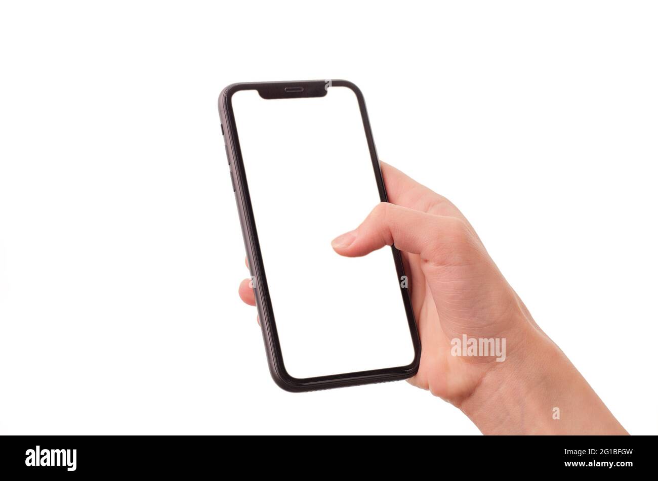 Mockup Image Of Smartphone With Blank Screen In Girl's Hand Isolated On White. Copy Space Stock Photo