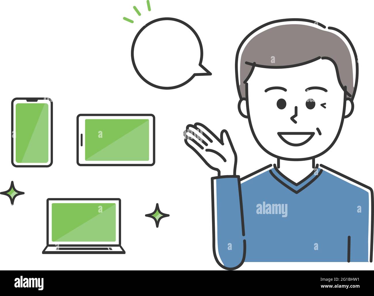 Man wearing ordinary clothes explaining handheld devices. Vector illustration isolated on white background. Stock Vector