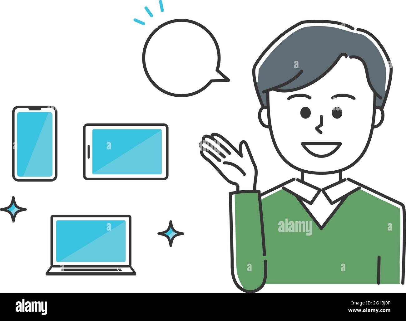 Man wearing ordinary clothes explaining handheld devices. Vector illustration isolated on white background. Stock Vector