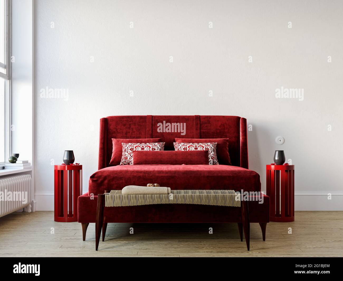 Red vintage velvet bedroom with empty white wall behind, mockup, 3d