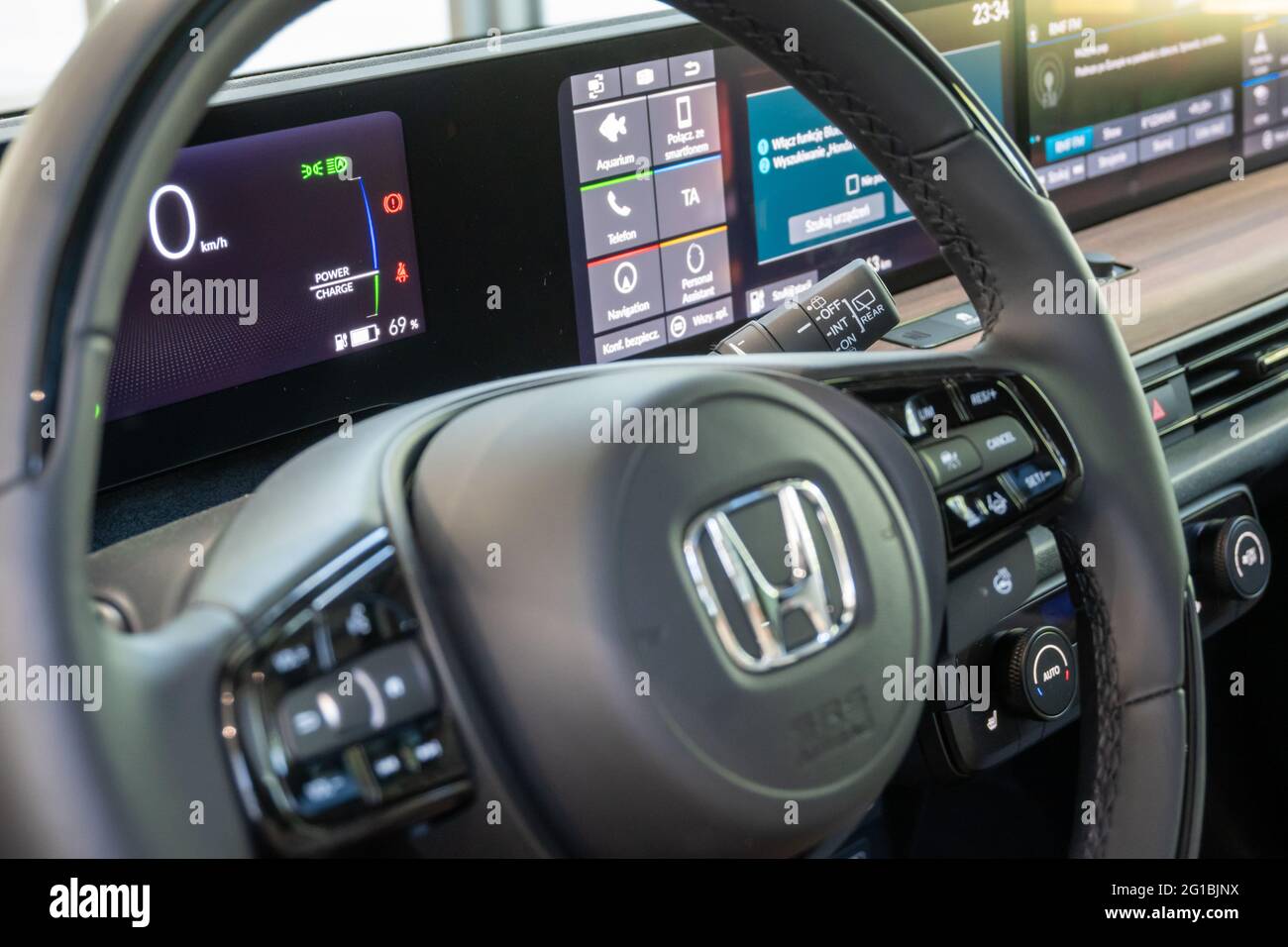 Gdansk, Poland - June 5, 2021: Honda E electric car dashboard display with  battery indicator showing a battery charge Stock Photo - Alamy