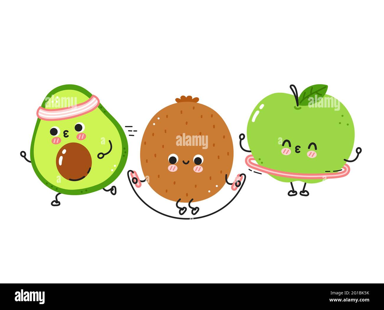 Cute funny fruits make gym set collection. Vector flat line cartoon kawaii character illustration icon. Isolated on white background. Awocado,apple,kiwi workout character bundle Stock Vector