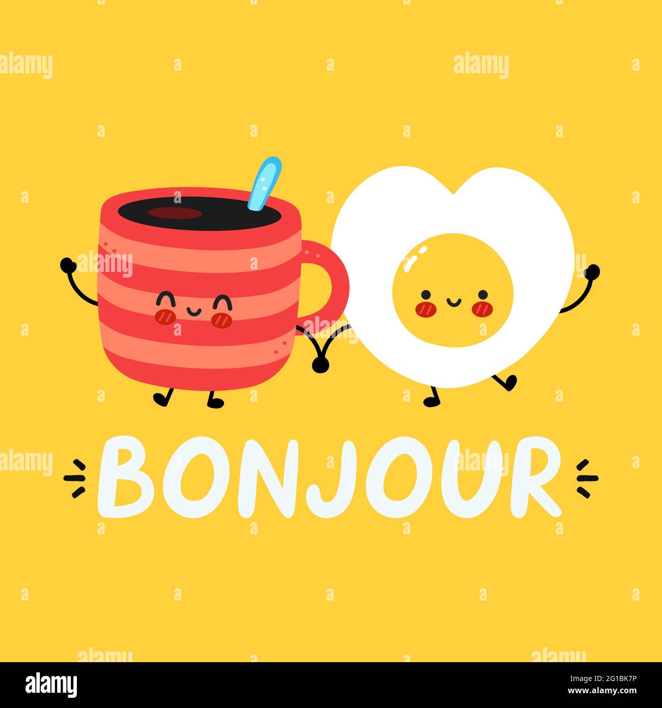 Cute funny happy coffee mug and fried egg character. Bonjour french quote. Vector hand drawn cartoon kawaii character illustration icon. France good morning card, banner concept Stock Vector