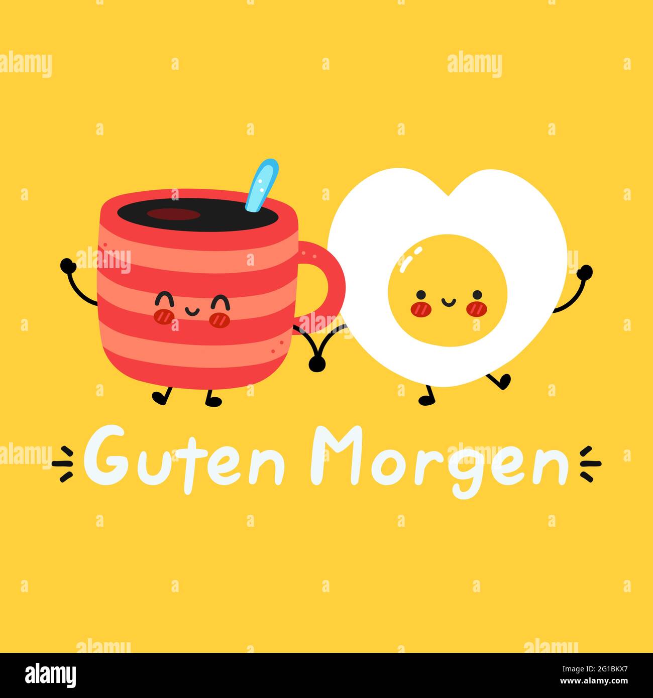 Cute funny happy coffee mug and fried egg character. Guten morgen deutsch quote. Vector hand drawn cartoon kawaii character illustration icon. Germany good morning card, banner concept Stock Vector