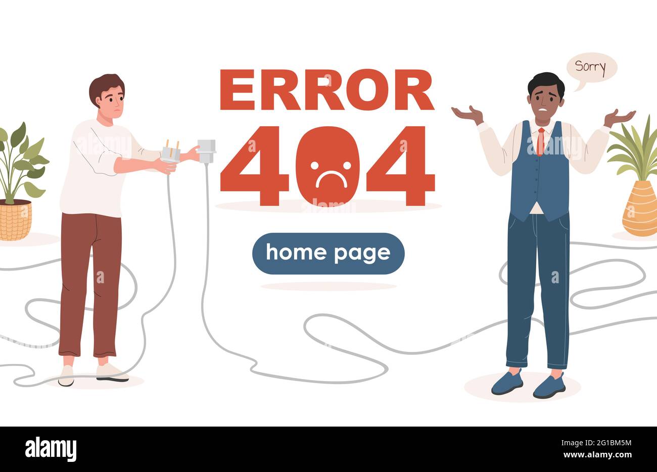 Error 404 landing page vector flat template with text space. Man holding unplugged cable, another man saying sorry. Confuse and disappointed male characters. Page not found website concept. Stock Vector