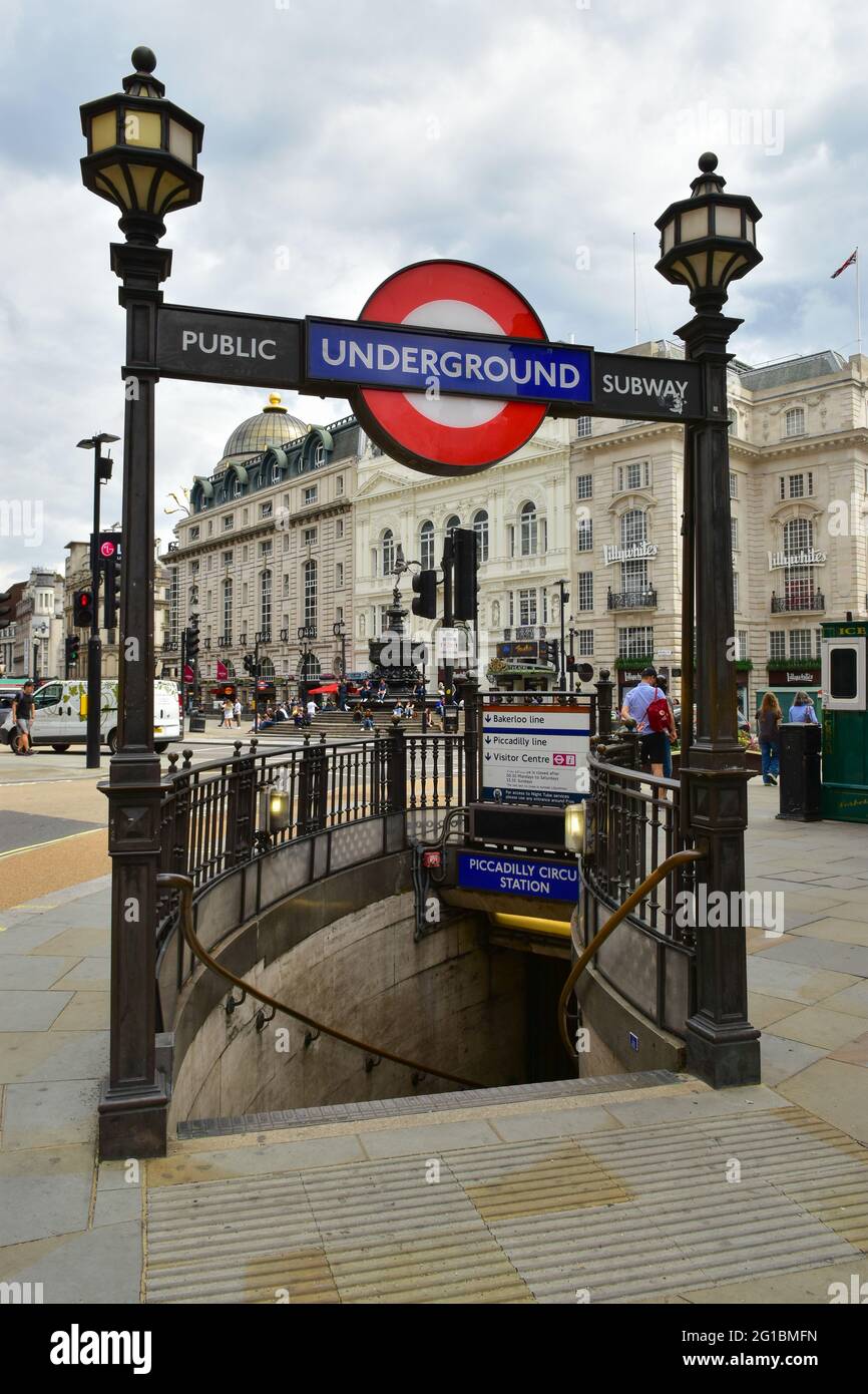 An entrance to Piccadilly Circus underground station in London Stock