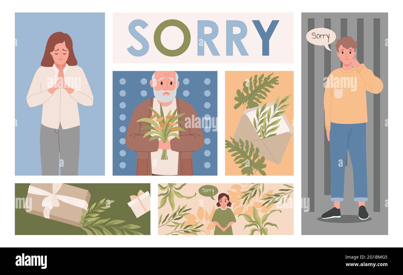 Men and women apologizing to offended people sending excusing gifts vector flat illustration. Young man and girl saying sorry, old man holding flowers. Guilty people speaking forgiveness. Stock Vector