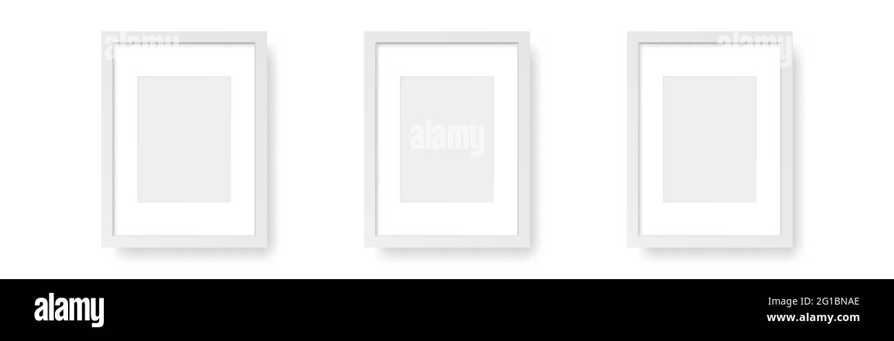 White vertical frames. Wall photos on white backdrop. Three empty mockups. Interior design elements. Wooden pictures set with soft shadow. Vector Stock Vector
