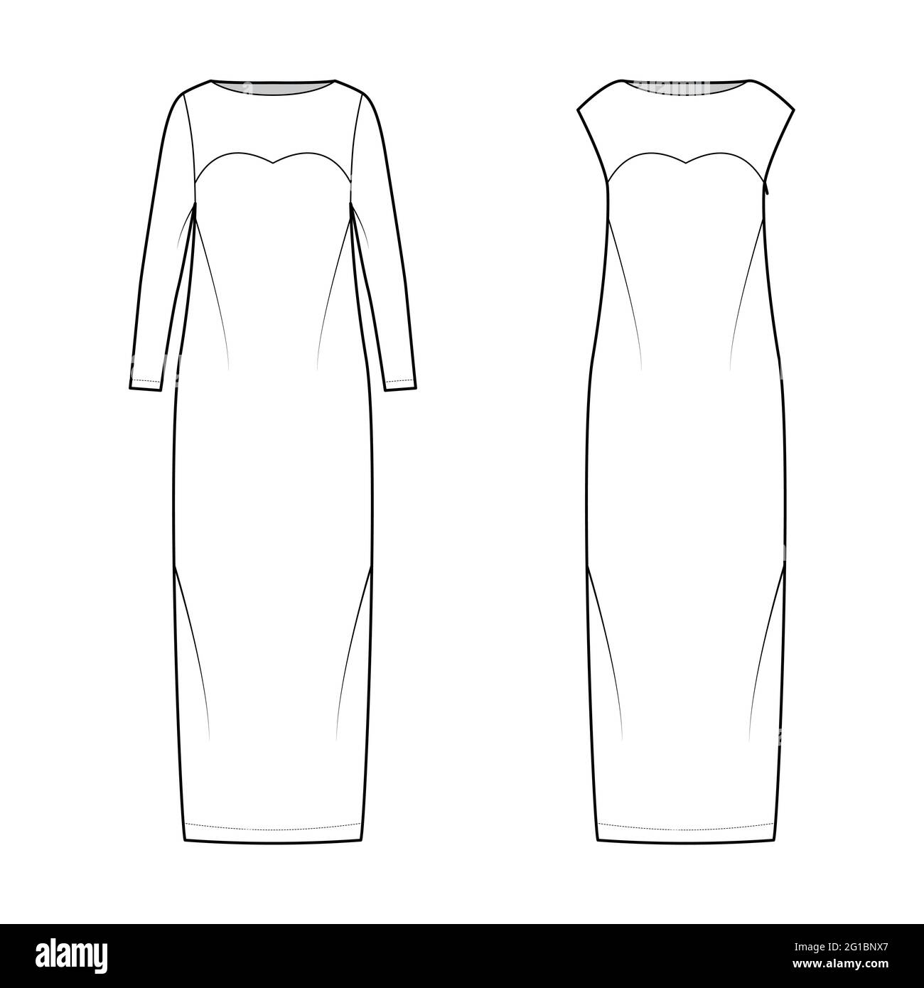 Set of Dresses column technical fashion illustration with long sleeves, sleeveless, fitted body, floor maxi length pencil skirt. Flat evening apparel front, white color style. Women, unisex CAD mockup Stock Vector