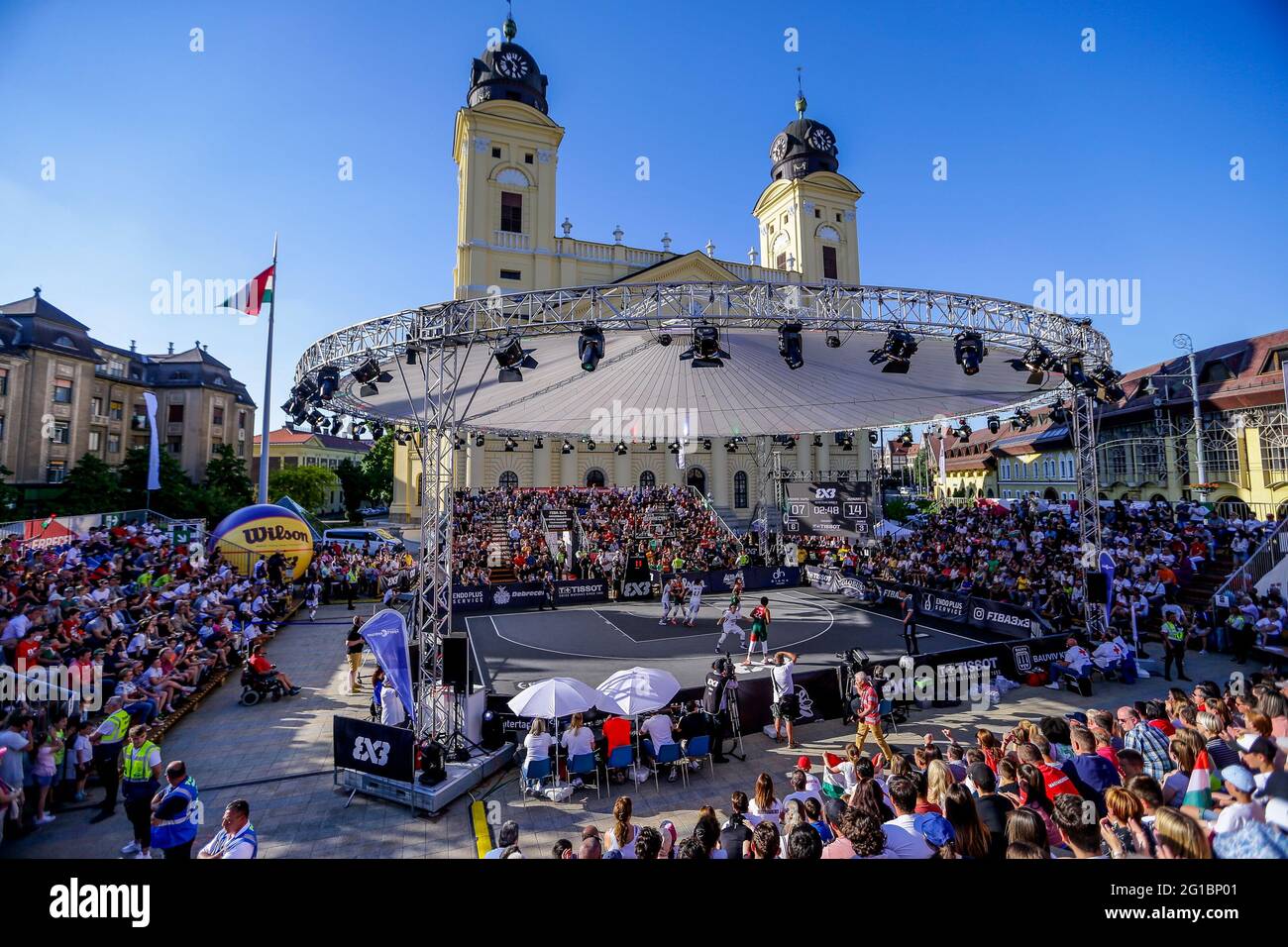 DEBRECEN, HUNGARY - JUNE 6: General view of Stadium during the Semi-finals  women of the FIBA 3x3 Olympic Qualifying Tournament 2021 match between  Chinese Taipei and Hungary at Kossuth Square on June