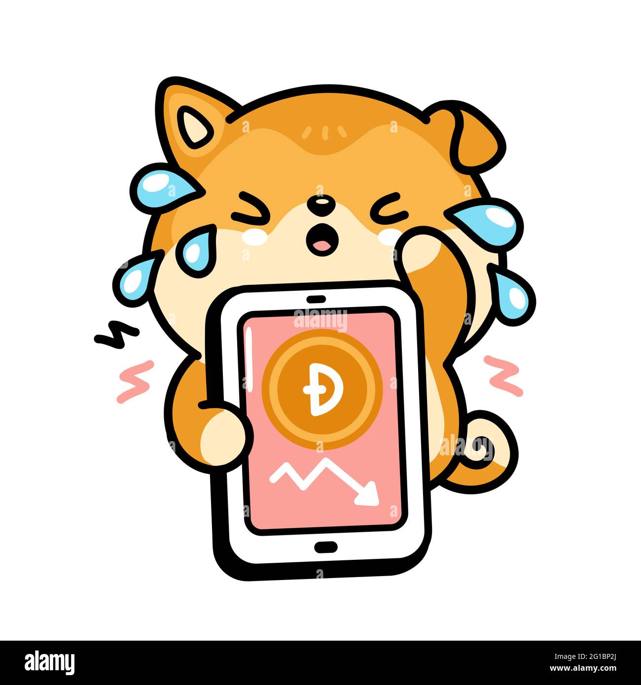 Cute sad cry akita inu dog with Dogecoin down chart in smartphone phone character. Vector hand drawn cartoon kawaii character illustration. Crypto finance, dogecoin falling in charts doodle character Stock Vector