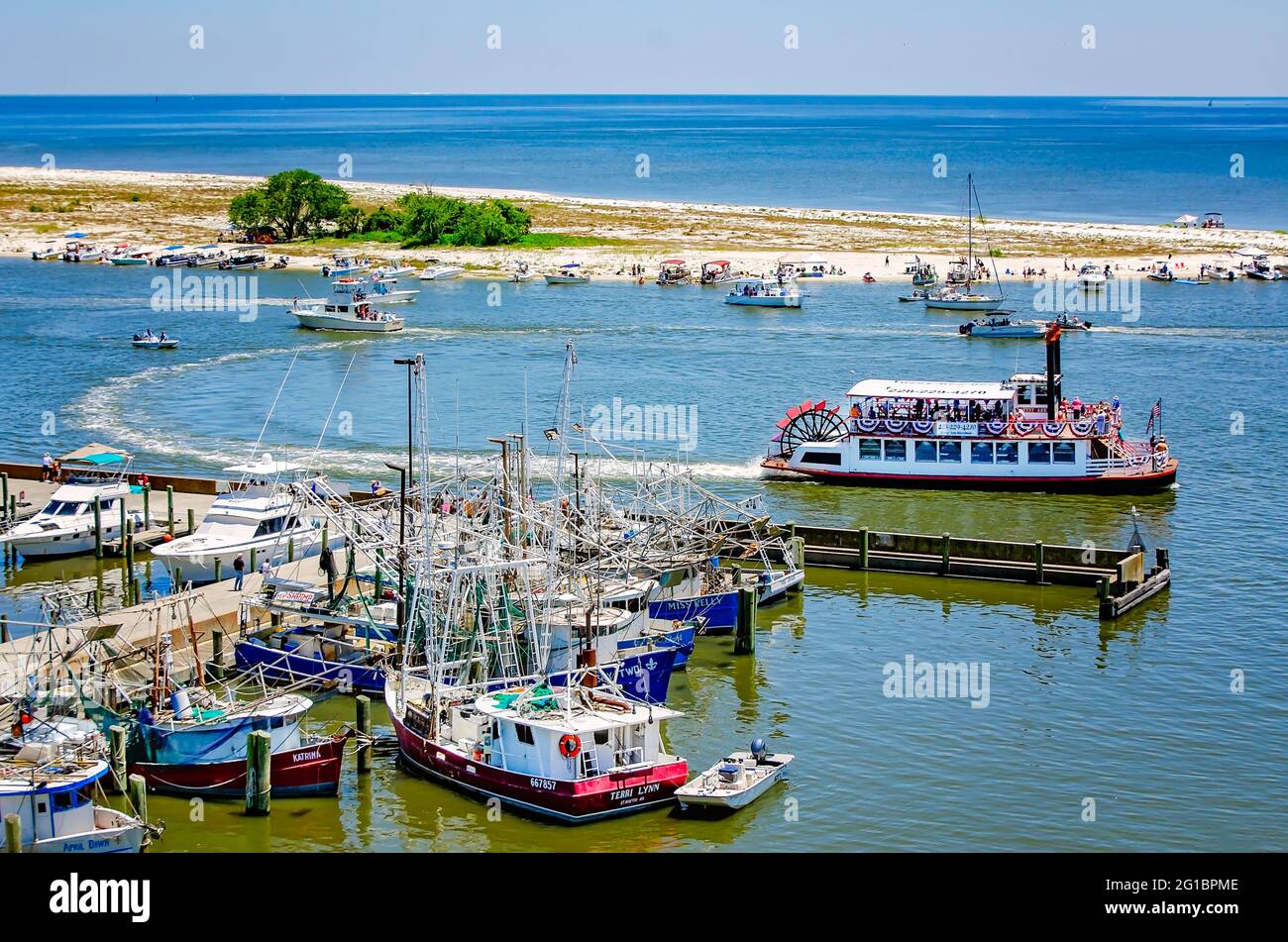 The Betsy Ann riverboat passes between Biloxi Small Craft Harbor and