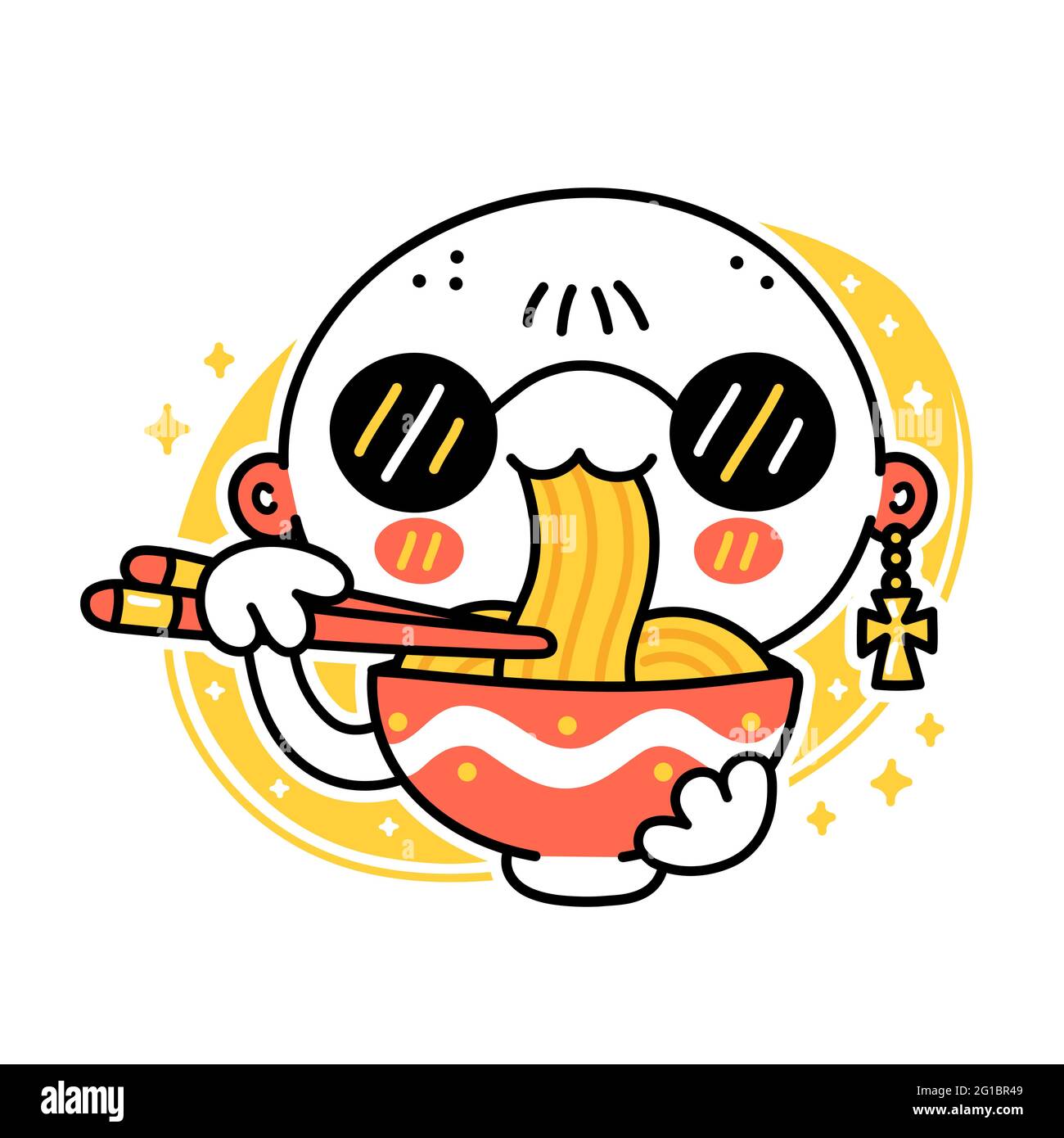 Cute funny man eat noodles from bowl. Vector hand drawn cartoon kawaii character illustration icon. Isolated on white background. Asian food, japanese,korean noodle mascot cartoon character concept Stock Vector