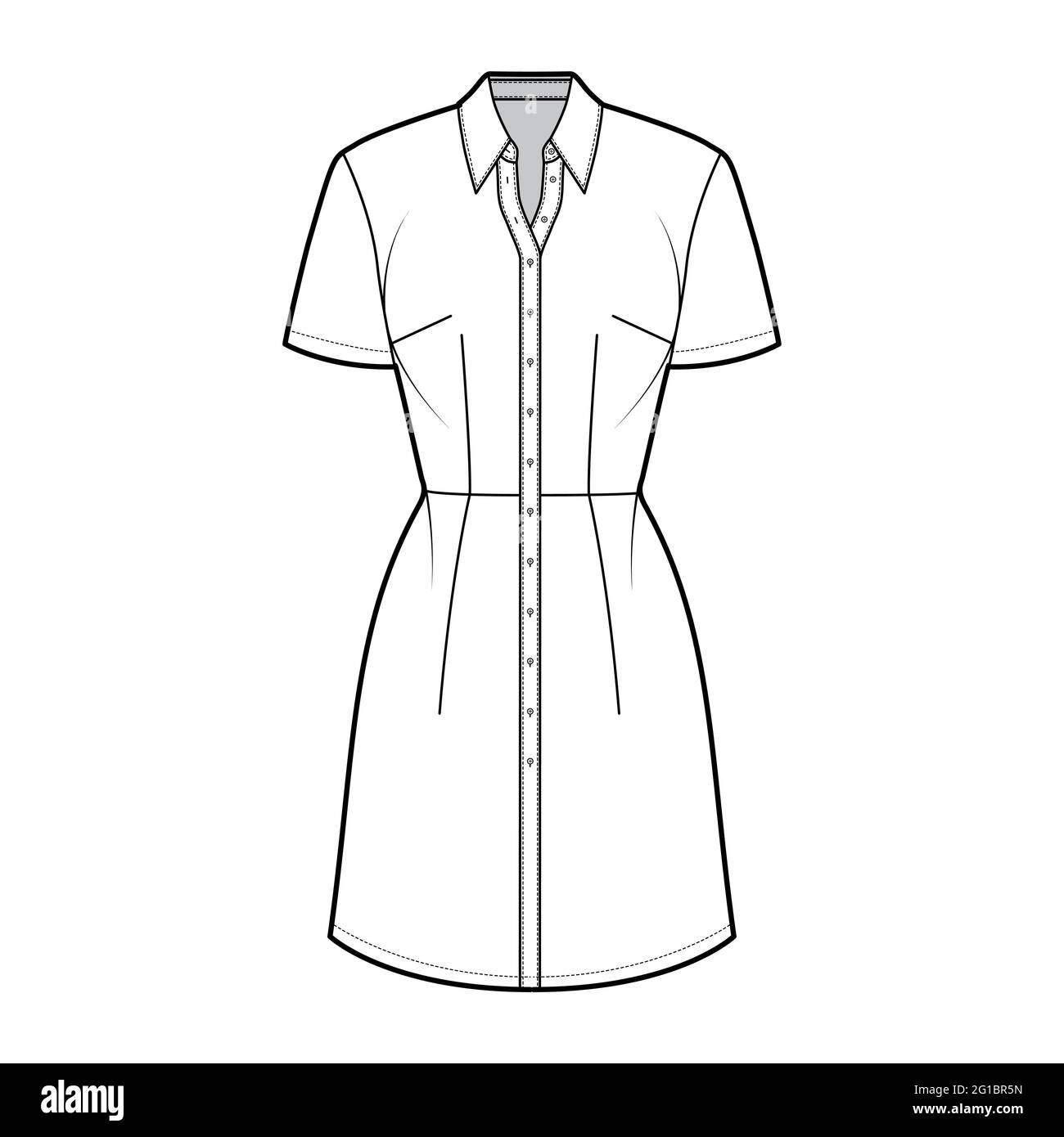 Dress shirt technical fashion illustration with short sleeves, fitted body, knee length pencil skirt, classic collar, button closure. Flat apparel front, white color. Women, men unisex CAD mockup Stock Vector
