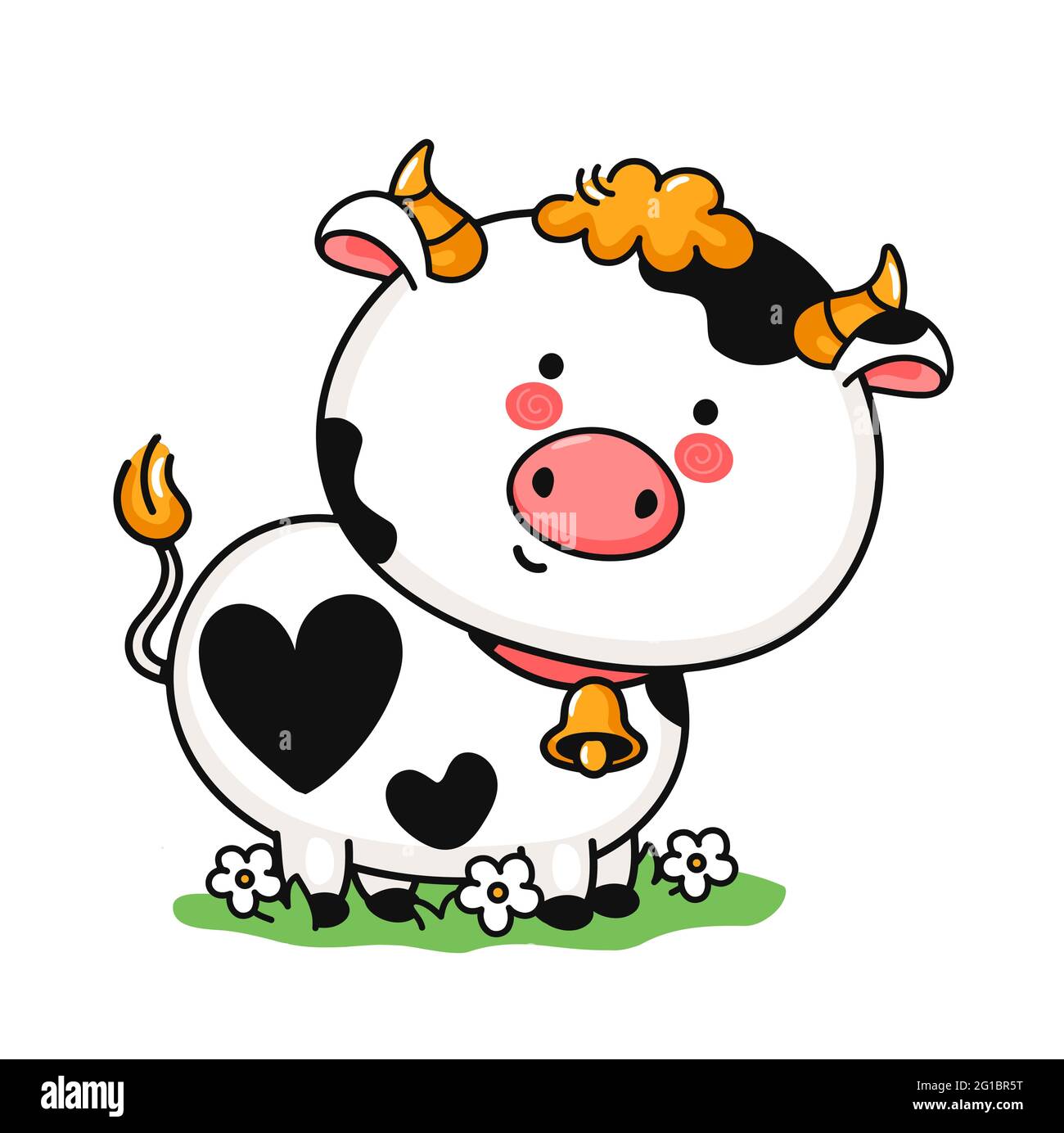 Cute funny little cow on meadow. Vector hand drawn cartoon kawaii character illustration icon. Isolated on white background. Cow pet doodle character concept Stock Vector