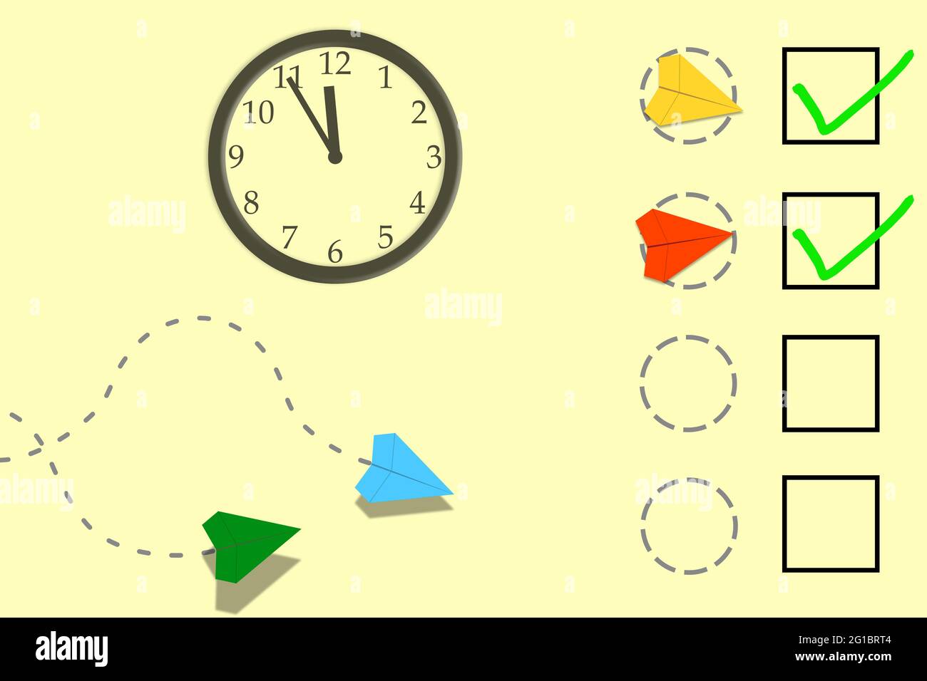 Paper planes flying to destination, with checkboxes marking completion, and clock showing 5 minutes to 12. Picture symbolizes time constraint. Stock Photo