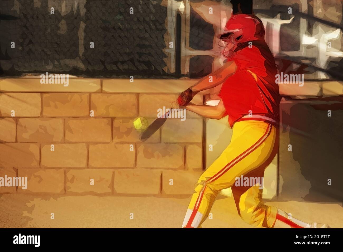 A photo illustration of a female softball player in the batters box. Stock Photo