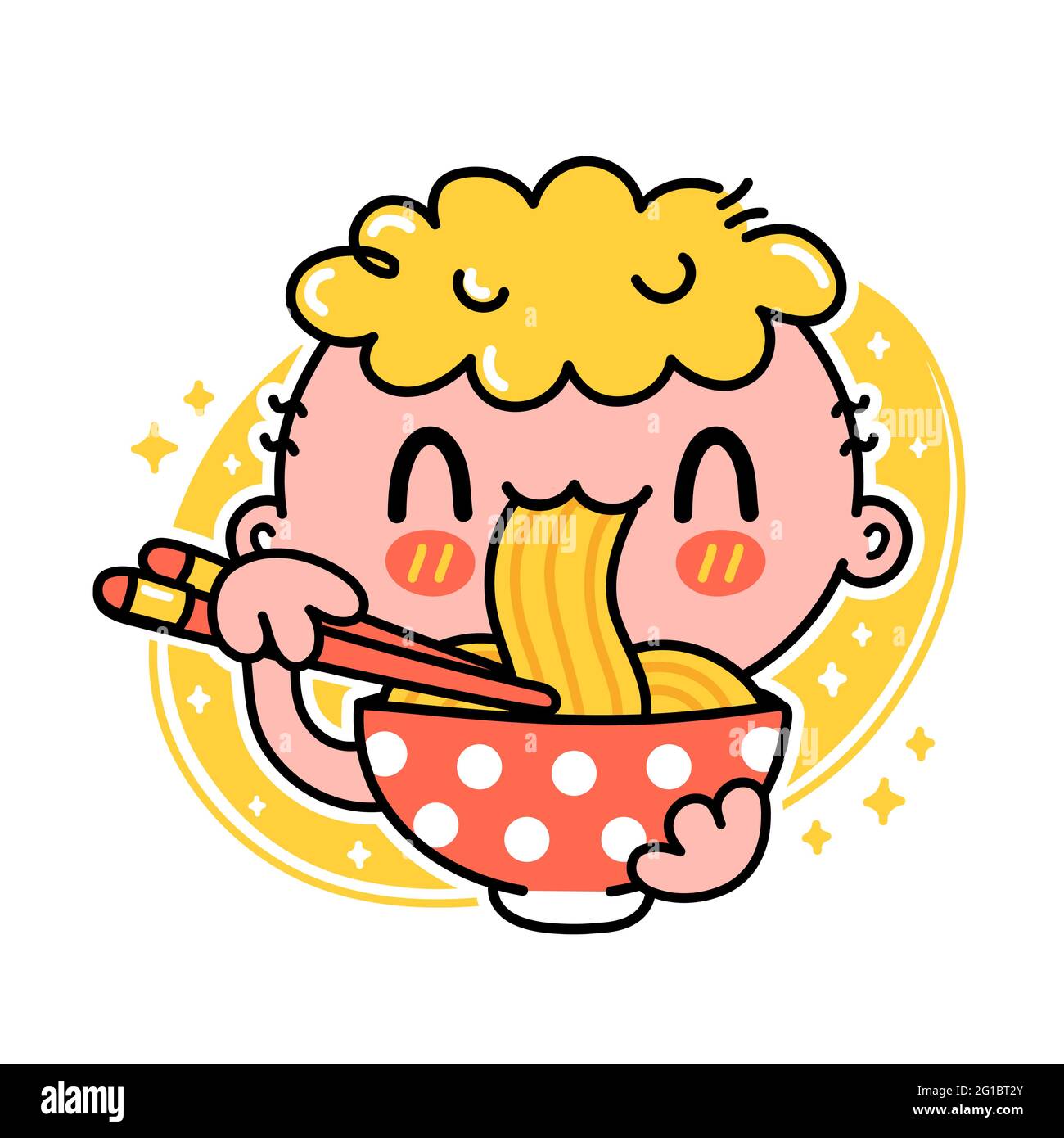 Cute funny boy eat noodles from bowl. Vector hand drawn cartoon kawaii character illustration icon. Isolated on white background. Asian food, japanese,korean noodle mascot cartoon character concept Stock Vector