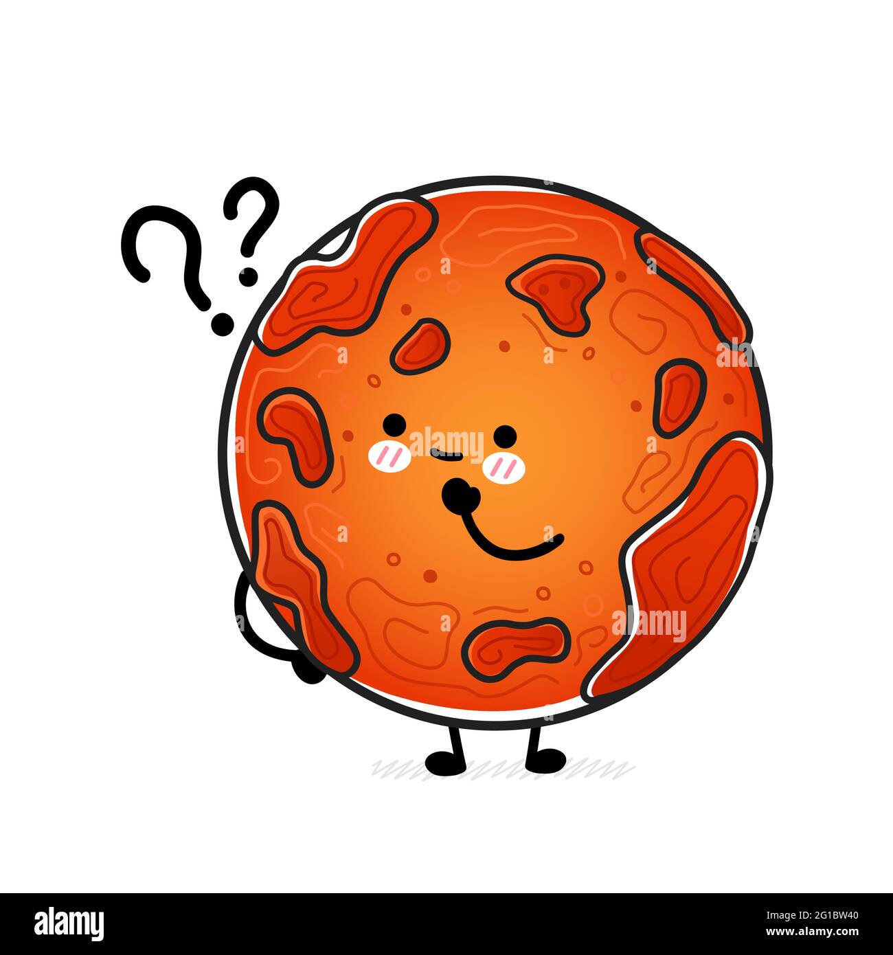 Cute funny happy Mars planet with question mark. Vector hand drawn cartoon kawaii character illustration icon. Isolated on white background. Space exploration, Mars planet cosmos character concept Stock Vector