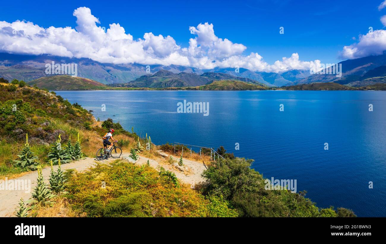Cycling the shore of Lake Wanaka, Otago, South Island, New Zealand ...