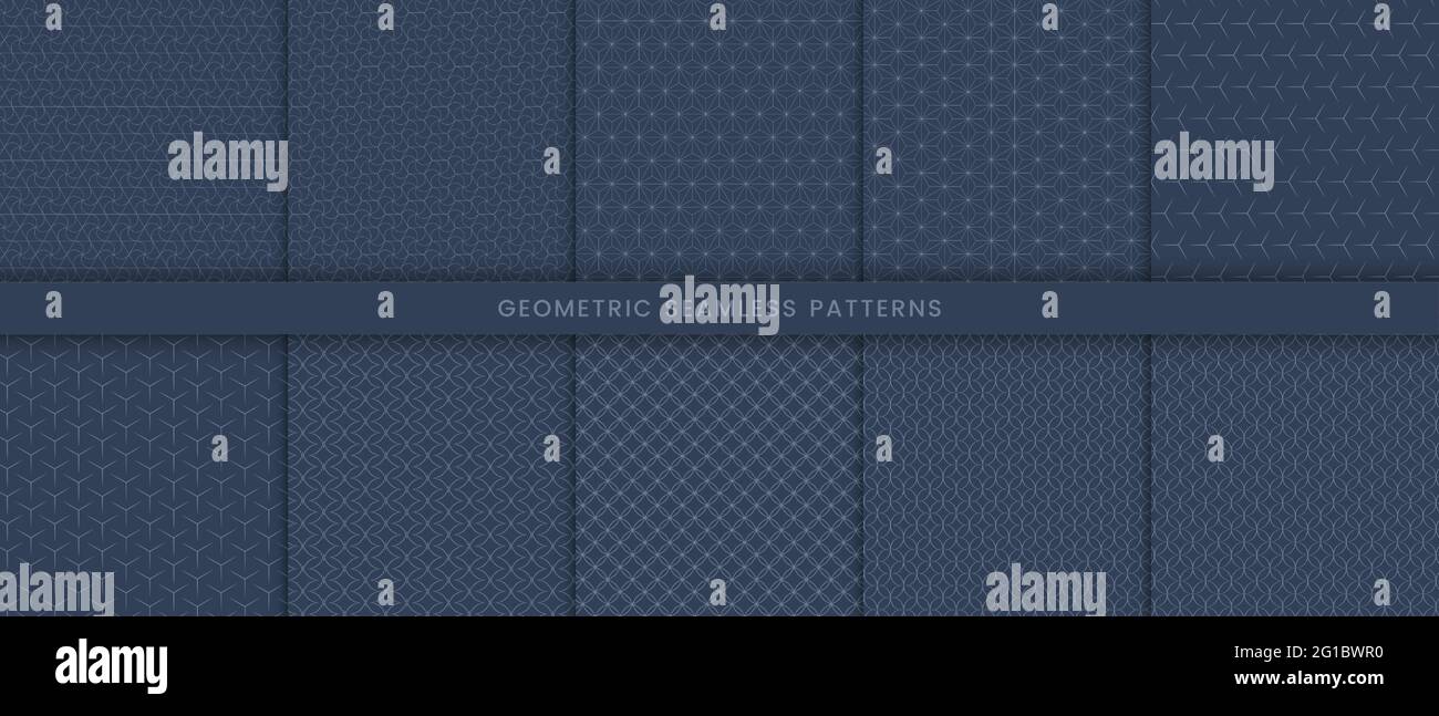 Set of abstract lines geometric seamless pattern navy background.Blue ...