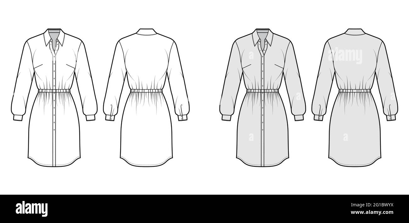 Dress shirt technical fashion illustration with gathered waist, fitted, pencil skirt, classic collar, button closure. Flat apparel front, back, white, grey color style. Women, men unisex CAD mockup Stock Vector