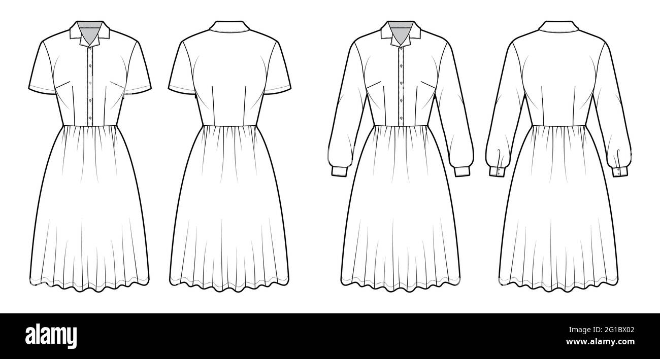 Set of Dresses house shirt technical fashion illustration with long short sleeves, knee length full skirt, classic henley collar. Flat apparel front, back, white color style. Women, unisex CAD mockup Stock Vector